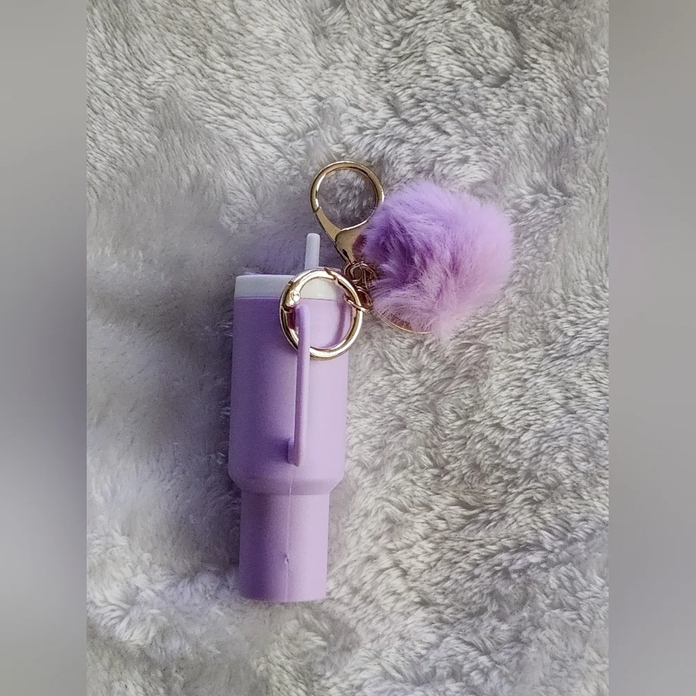 Purple Watwr Tumbler Keychain with Pom Pom Bag Charm
